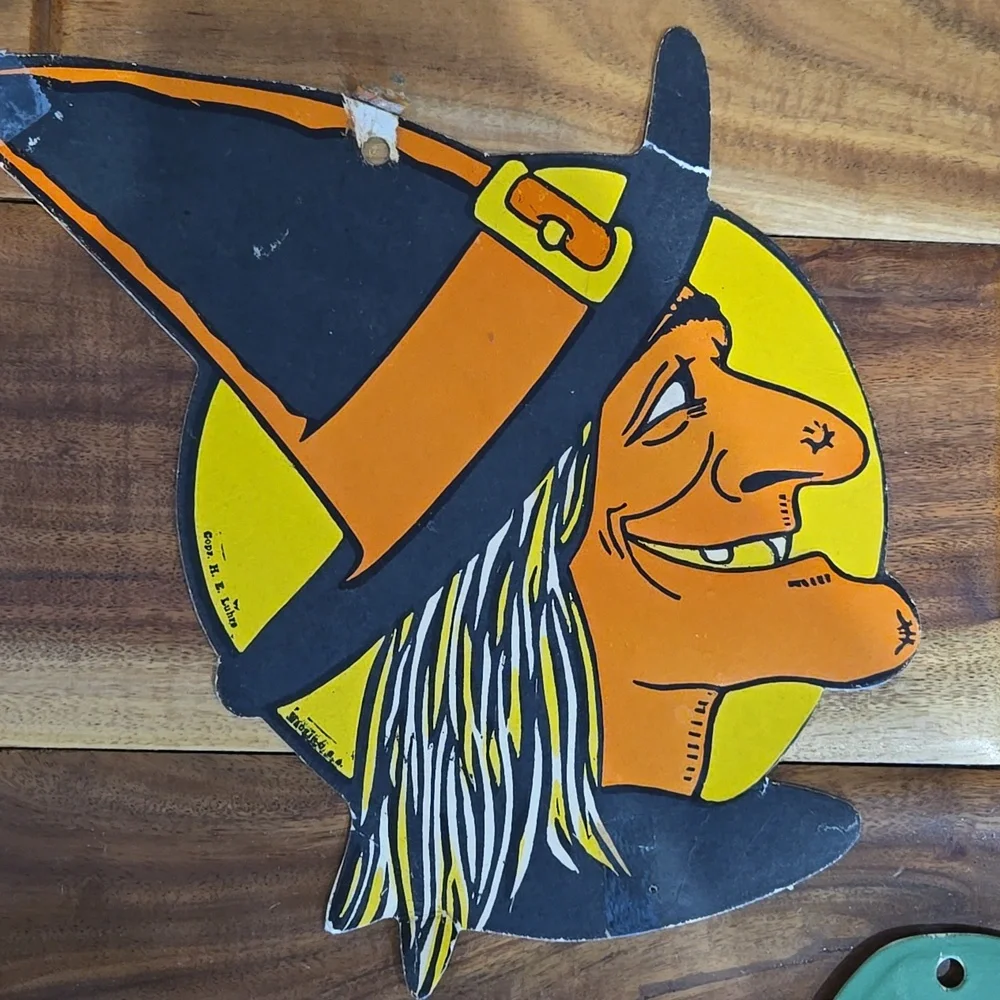 Vintage H.E. Luhrs Die-Cut USA Cardboard Halloween Decor Cat  Witch‎ Pumpkin
